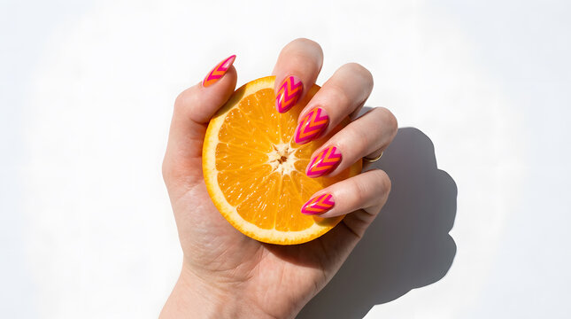 Woman hand with colorful chevron nail art holding a fresh orange slice on white background.