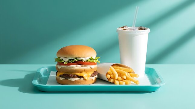 Classic american fast food meal featuring a double cheeseburger french fries and a soda on a teal tray