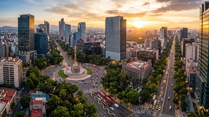 Fototapeta premium Paseo de la Reforma: long, tree-lined avenues; modern office buildings interspersed with historical monuments; bustling urban activity; cinematic lighting at sunrise.
