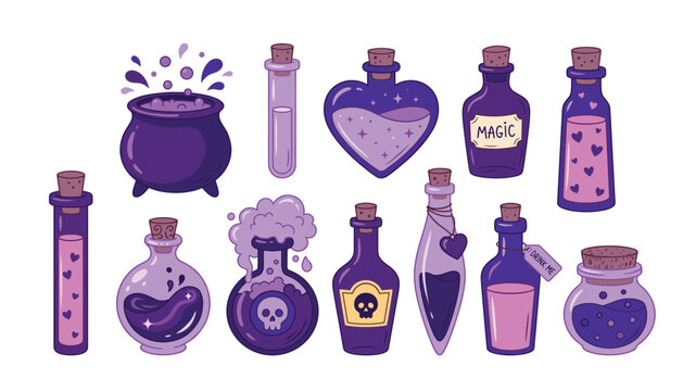 Magic potion bottle and witch cauldron vector illustration set. Purple elixir flasks with corks, poison skulls, hearts, stars and bubbling liquid elements.
