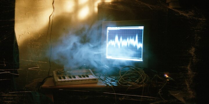 Old cathode ray tube computer monitor displaying a digital audio waveform with a small vintage keyboard in a smoky room