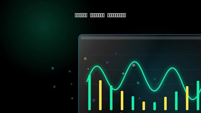 A futuristic graph display shows a wavy green line and yellow green bars on a screen in a dark room.