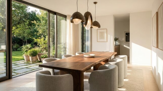 Modern dining room with large windows and garden view.
