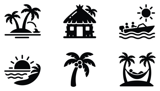 Summer vacation icons tropical beach palm trees boat island getaway elements