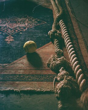 Bright yellow tennis ball sits beside a thick braided nautical rope resting on a dark patterned vintage wool area rug