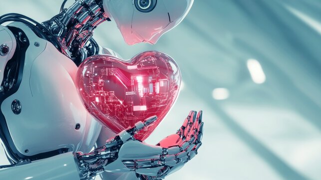 Robot holding a glowing heart, symbolizing AI compassion and technology's emotional impact.
