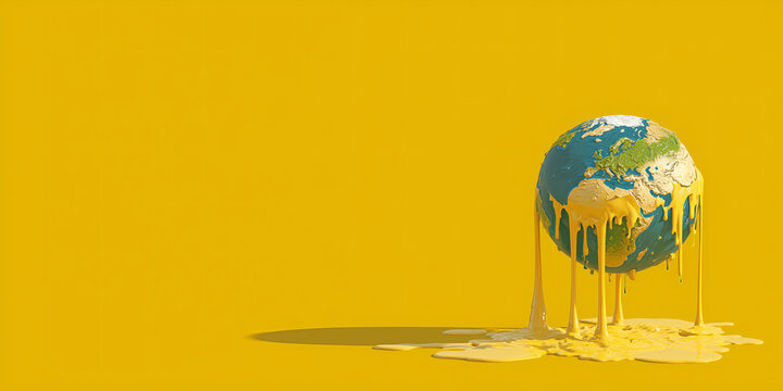 A representation of Earth melting on a bright yellow background, symbolizing global warming and environmental crisis