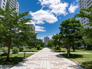 Naklejka premium 青空と白い雲が広がる緑豊かな高層マンションの敷地内にある遊歩道の風景