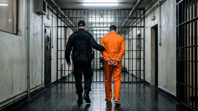 Prison guard escorting a handcuffed prisoner in orange jumpsuit