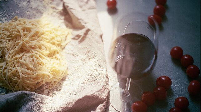 Fresh handmade golden pasta noodles arranged neatly on rustic linen fabric beside a glass of red wine and cherry tomatoes