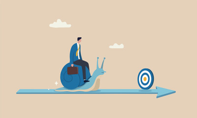Slow or procrastination, unproductive or efficiency concept, tried businessman riding snail slow walking on arrow to reach target © Parul