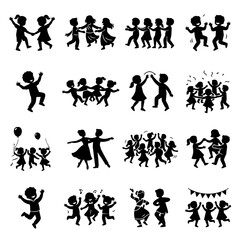 Obraz premium Happy kids silhouettes set of playing jumping and dancing children