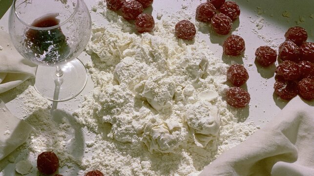 Fresh raw dumplings sitting in white flour with scattered red jujube berries and a glass of dark red wine