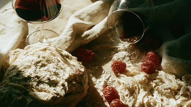 Freshly prepared raw pasta dough rests beside spilled red wine glasses and ripe tomatoes on a rustic flour dusted surface