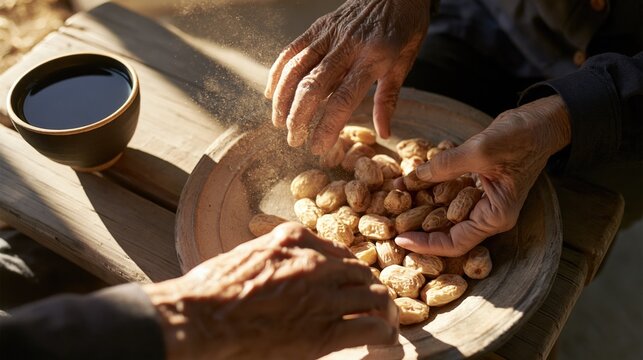 Elderly hands gently touching organic dried dates arranged on a rustic wooden platter during a warm golden hour sunny afternoon