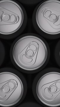 Realistic rotating aluminum beverage can in silver for beverage packaging and drink industry presentation. Vertical video.