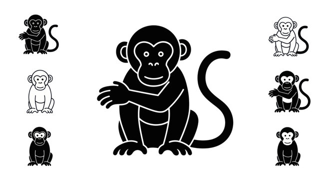 A group of monkeys are sitting together in a playful pose outdoors.