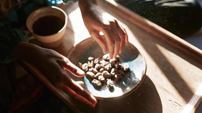 Woman reaches for sweet dried dates in a rustic ceramic bowl while soft natural morning sunlight illuminates the wooden surface