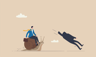 Slow bigger stupid mistake, businessman idiot leader riding slow snail never reach goal, losing competition © Parul