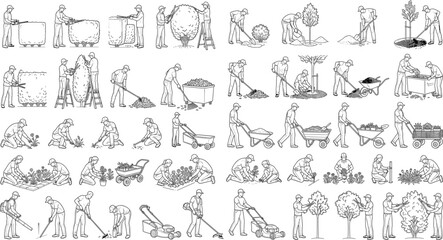 Fototapeta premium Professional Gardener and Landscaping Maintenance Worker Line Art Icon Set Collection