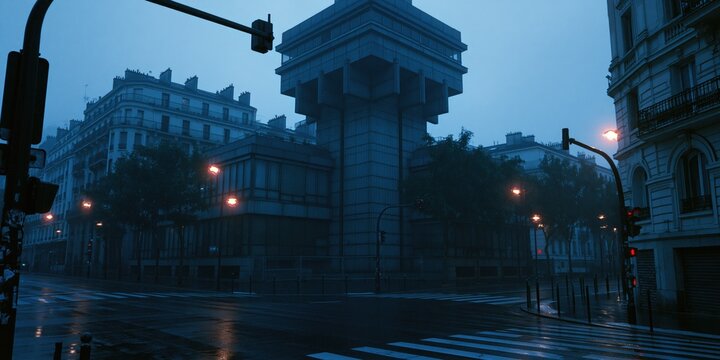 Brutalist architectural building stands tall in a moody city street under the soft glowing lights of a rainy evening atmosphere
