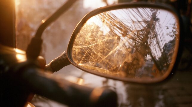 Scratched motorcycle side mirror reflects golden sunset light and tangled overhead wires during a warm summer evening urban city commute