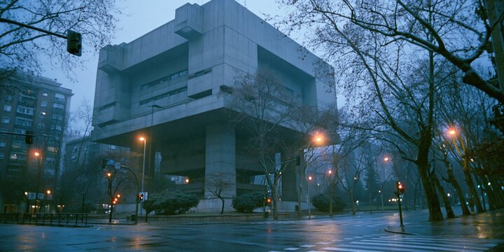 Brutalist concrete government building stands prominently over a wet urban street during a moody and dark blue hour evening scene