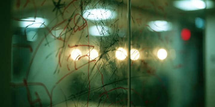 Messy red and black abstract scribbles drawn on a transparent glass partition surface inside a dark modern corporate office space
