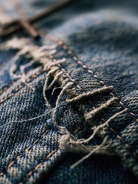 Extreme macro close up shot of weathered blue denim fabric featuring detailed frayed threads and rugged orange stitching texture patterns