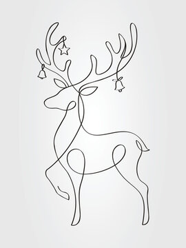 One-line drawing of abstract Christmas reindeer with star and bells