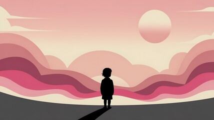 Fototapeta premium Silhouette of a child standing alone in a dreamy landscape with pink clouds and a softly glowing sun evoking solitude