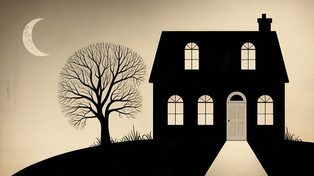 Silhouette illustration of a classic house on a hillside beneath a crescent moon and bare tree symbolic of evening and mystery.
