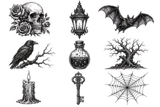 Set of dark gothic halloween hand-drawn designs including skull, raven, bat, potion, spiderweb, tree, lantern, candle, key.