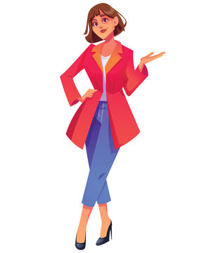 Woman in Red Coat Standing and Gesturing Flat Illustration