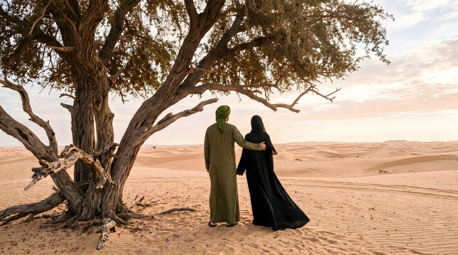 Arab Couple Standing Under Tree in Desert at Sunset