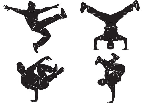 Breakdance silhouette vector set, hip hop dancers performing urban street dance moves, athletic breakdancer poses for sports and music posters