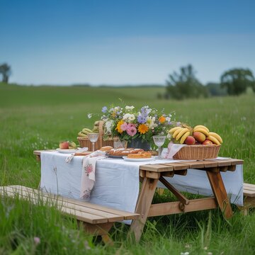 Outdoor picnic setup in green field with food and flowers