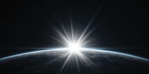 Dramatic bright sunrise over earth horizon from deep space with atmosphere universe astronomy exploration celestial curvature satellite altitude darkness radiance background spacecraft © jr graphics