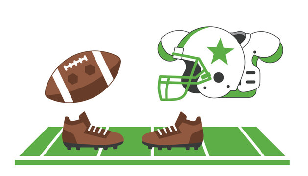 American football equipment including an oval ball, a helmet with a star, shoulder pads, and cleats arranged on a green marked field.