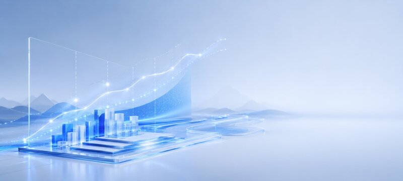 Futuristic 3D data visualization with glowing graphs and charts