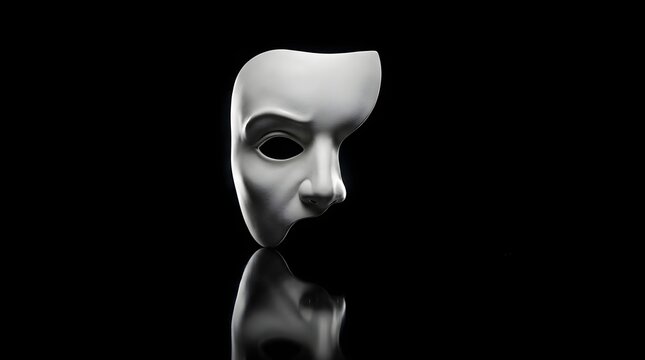 A stark white theatrical mask representing the Phantom of the Opera resting upon a polished black reflective surface in a dark empty room
