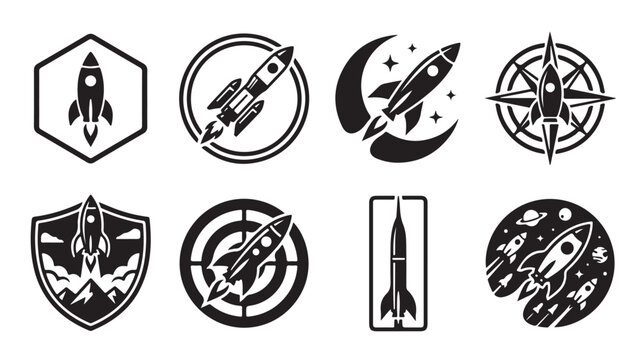 Vintage rocket ship logo set, 8 black and white space exploration icons. Retro spaceship badges for startup branding, minimalist rocket launch vector graphics.