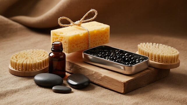 Still life composition of essential spa and wellness items including stones brushes sponge oil and beads on a textured background ready for relaxation.