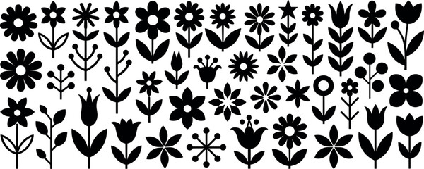 Minimalist black flower silhouettes vector set scandinavian style floral elements collection isolated on white background © Rafad_Studio