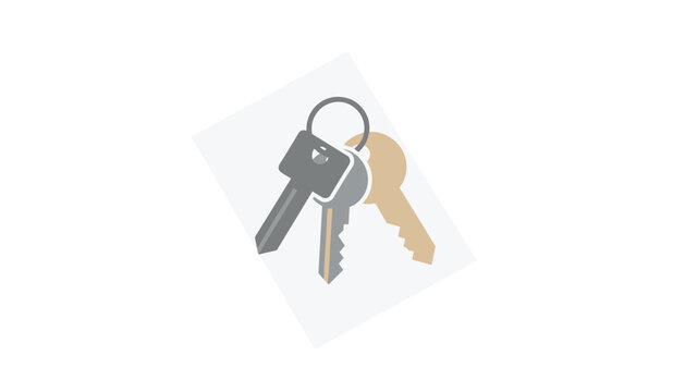 Three metal keys hanging together on a ring displayed on a clean white surface with grey and gold tones representing security and access.