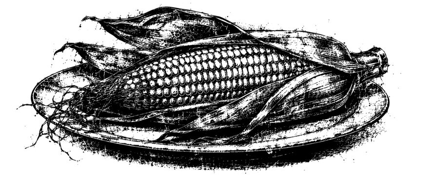 Vintage engraved illustration of a fresh corn cob with peeled husk resting on a plate, showcasing natural farm produce and traditional agricultural harvest.