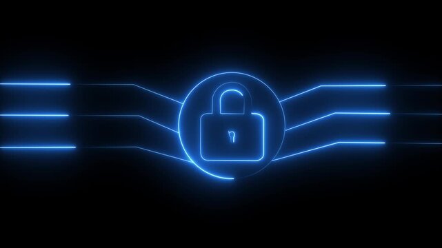 Glowing neon Web Security Shield Padlock Icon, neon technology electronic circuit board with lock icon animation .