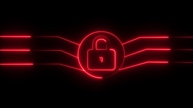Neon padlock icon. Glowing neon Web Security Shield Padlock Icon, neon technology electronic circuit board with lock icon animation .