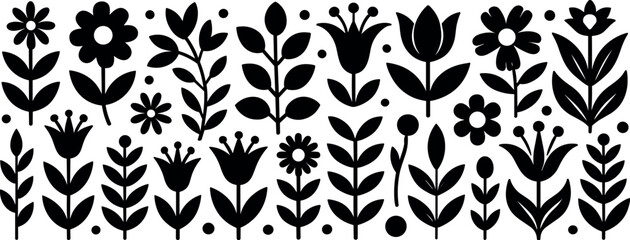 Minimalist black flower silhouettes vector set scandinavian style floral elements collection isolated on white background © Rafad_Studio