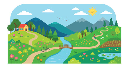 Obraz premium Scenic landscape illustration with mountains river and outdoor activities